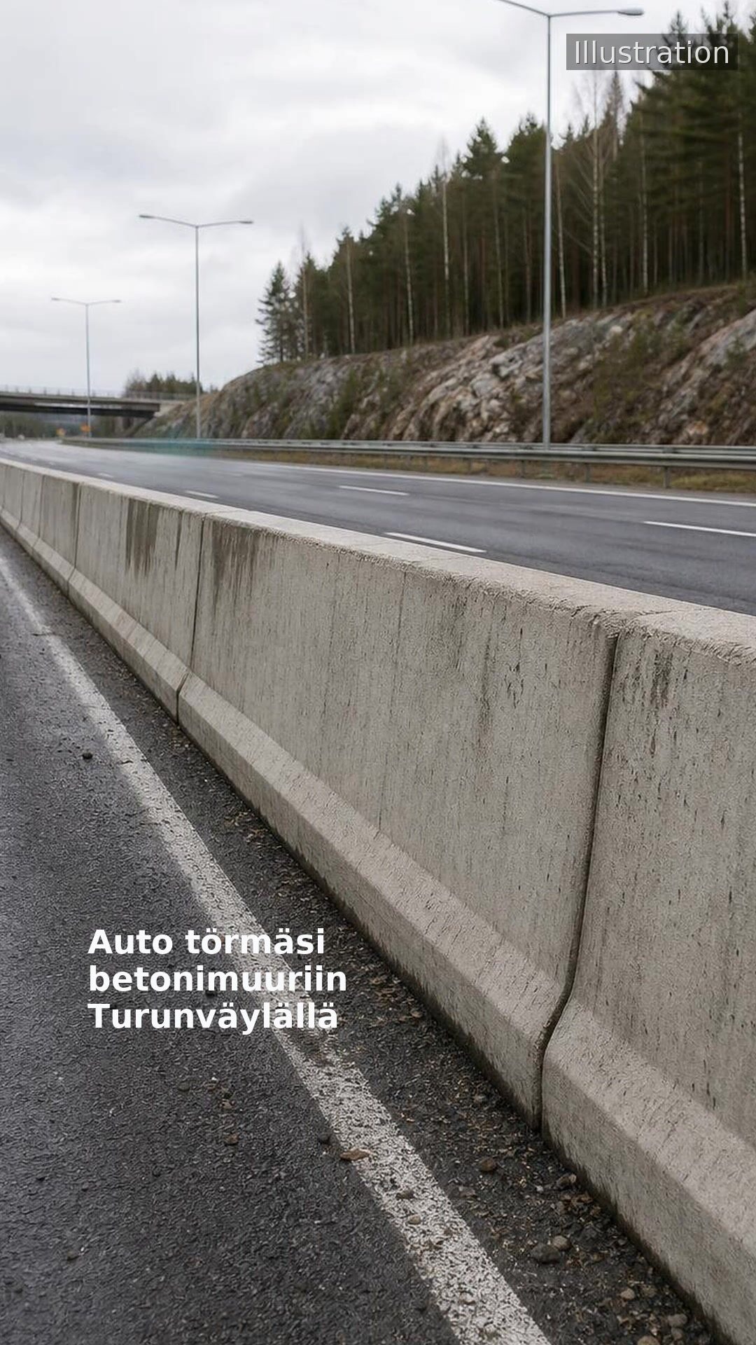 Auto törmäsi betonimuuriin Turunväylällä