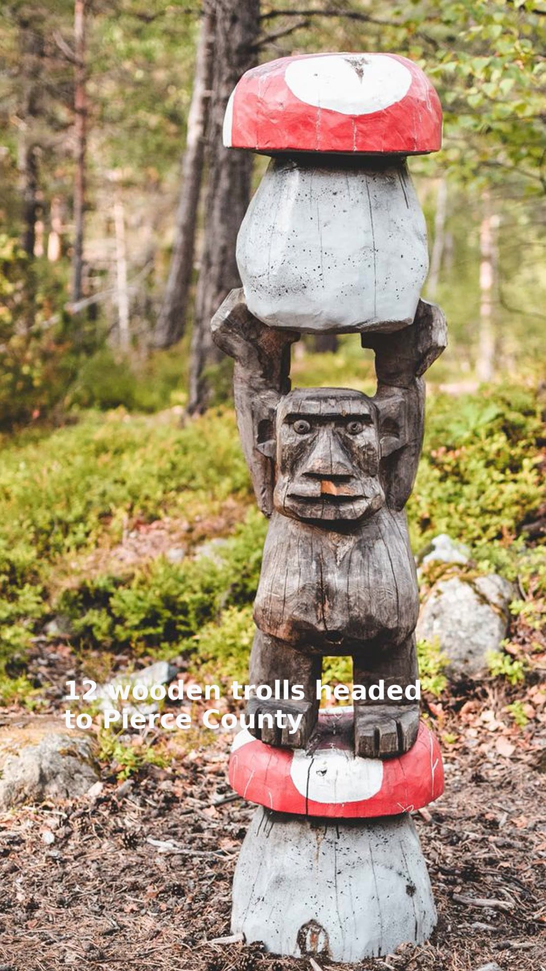 12 wooden trolls headed to Pierce County