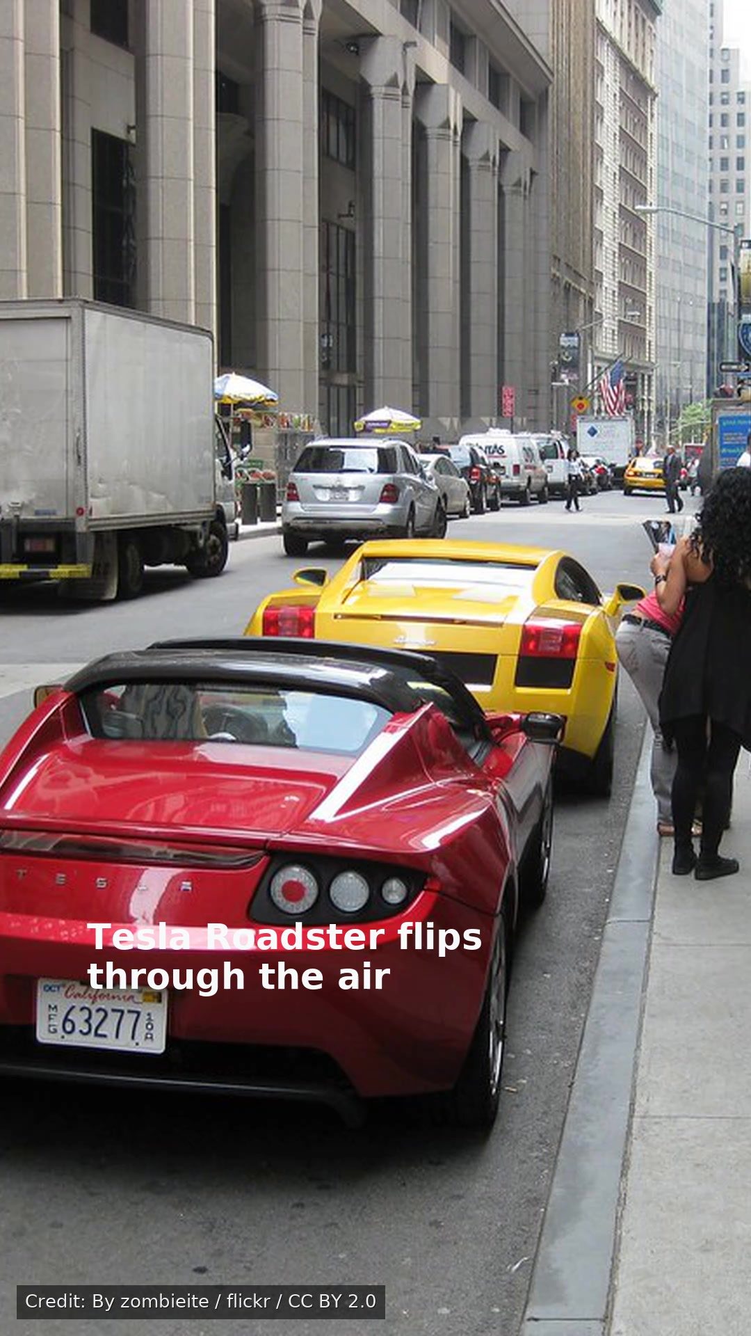 Tesla Roadster flips through the air