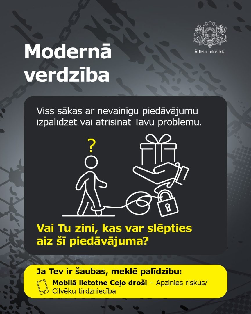 ĀM aicina jauniešus atpazīt cilvēku tirdzniecības riskus un brīdinājuma signālus